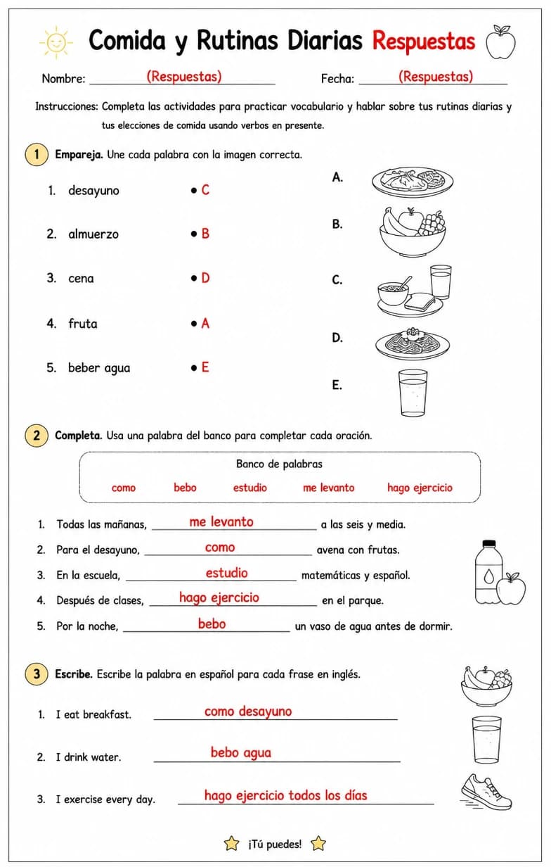 Answer key for Discutir rutinas diarias y elecciones simples usando verbos en presente. — free printable Spanish worksheet