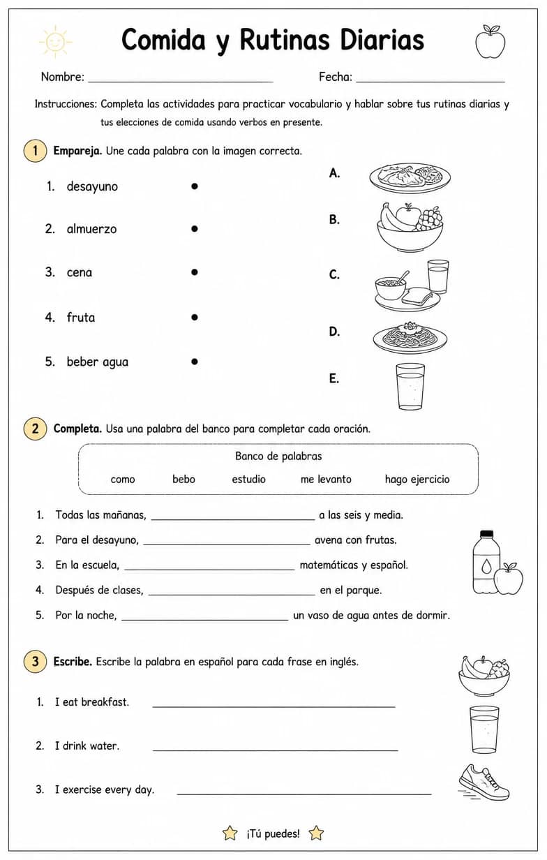 Discutir rutinas diarias y elecciones simples usando verbos en presente. — free printable Middle School Spanish worksheet