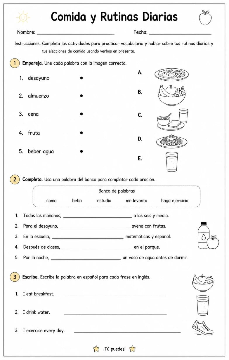Discutir rutinas diarias y elecciones simples usando verbos en presente. — free printable Middle School Spanish worksheet