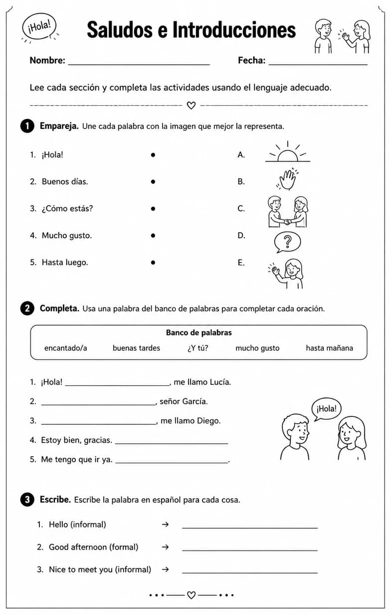 Elegir lenguaje formal o informal para situaciones de comunicación familiares. — free printable Middle School Spanish worksheet