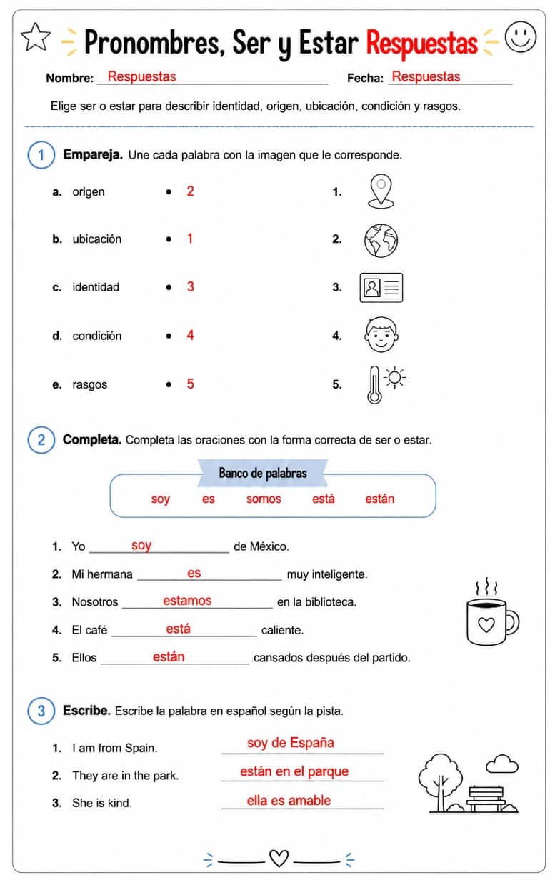 Answer key for Elegir ser o estar para describir identidad, origen, ubicación, condición y rasgos. — free printable Spanish worksheet