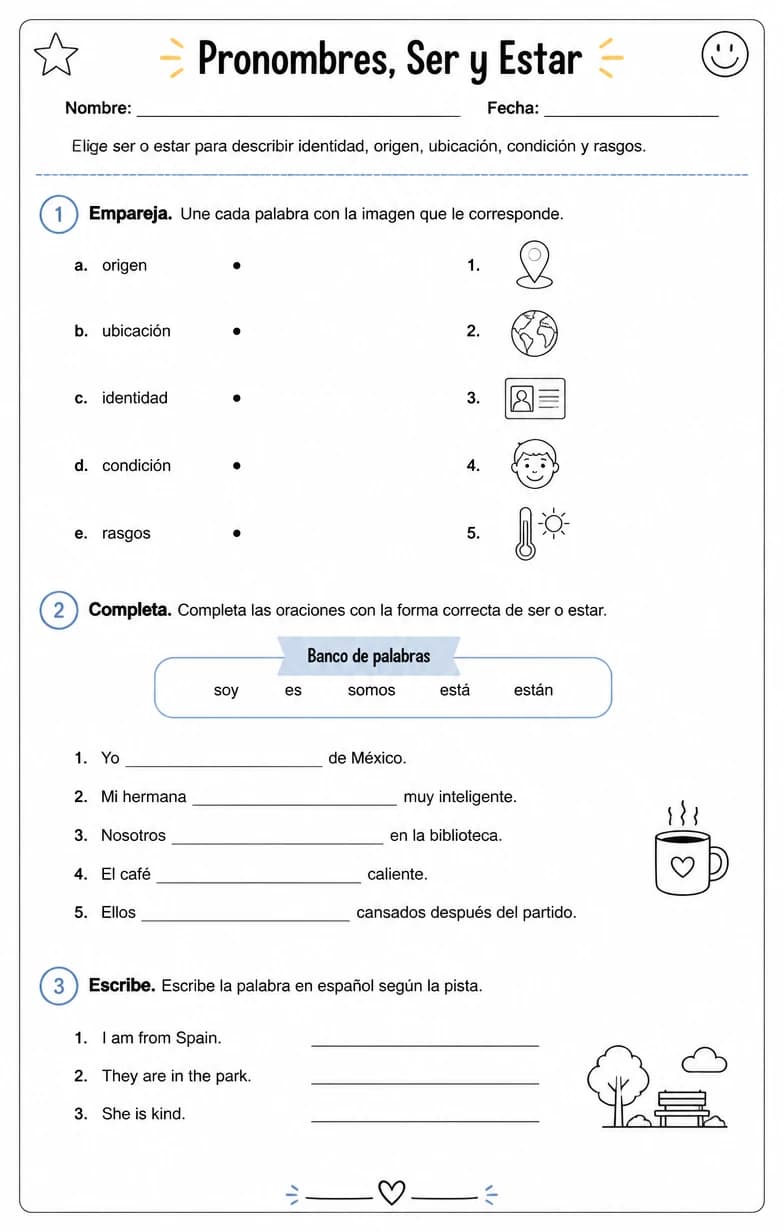 Elegir ser o estar para describir identidad, origen, ubicación, condición y rasgos.