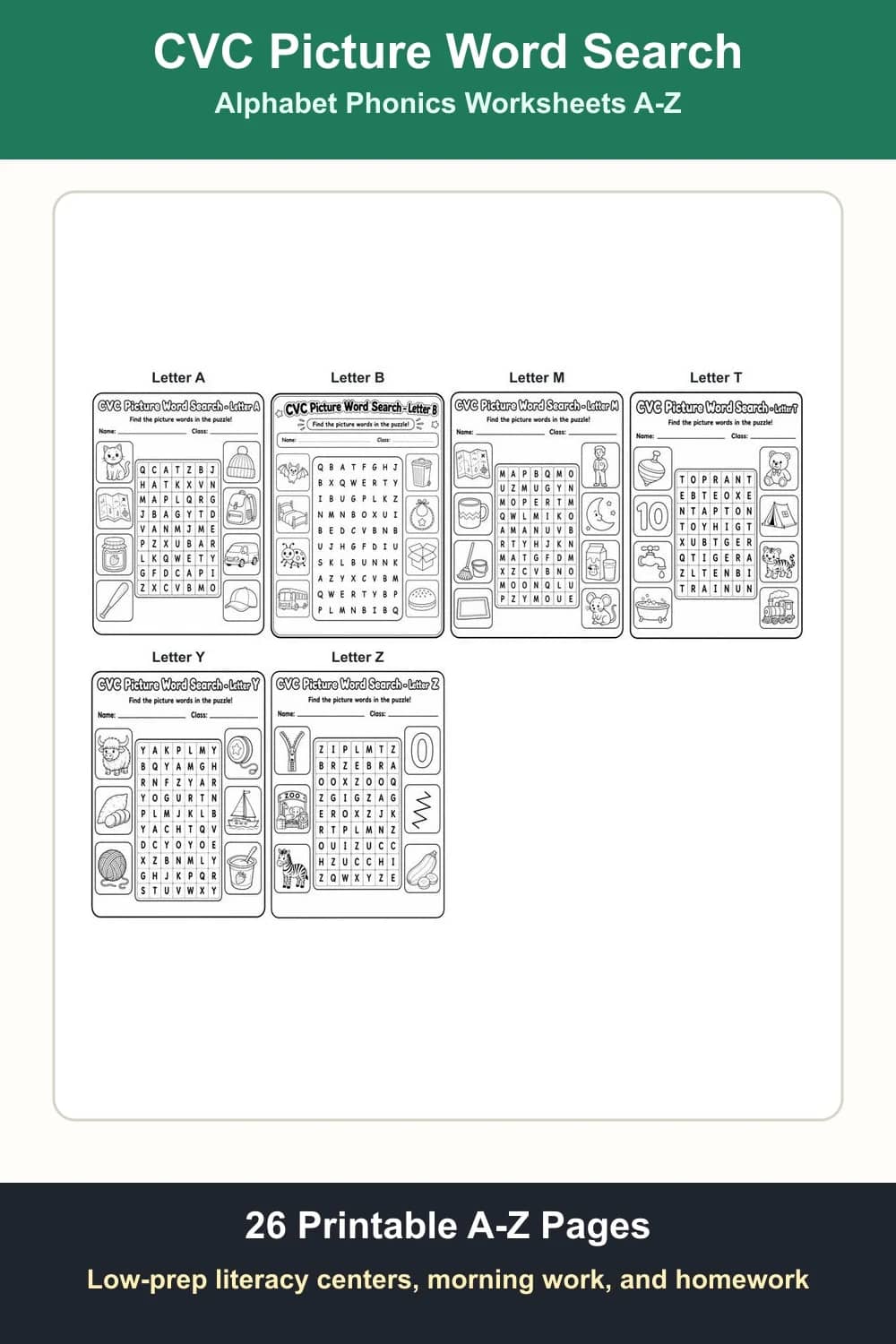 CVC Picture Word Search Worksheets A-Z Pack printable cover