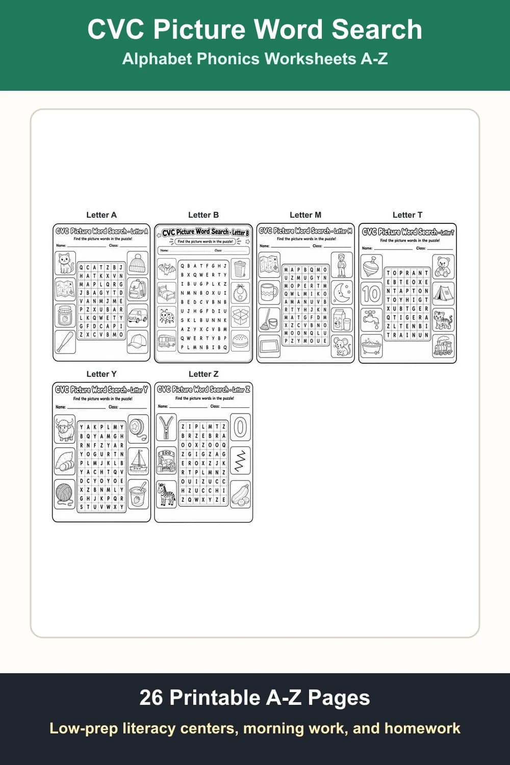 CVC Picture Word Search Worksheets A-Z Pack printable cover