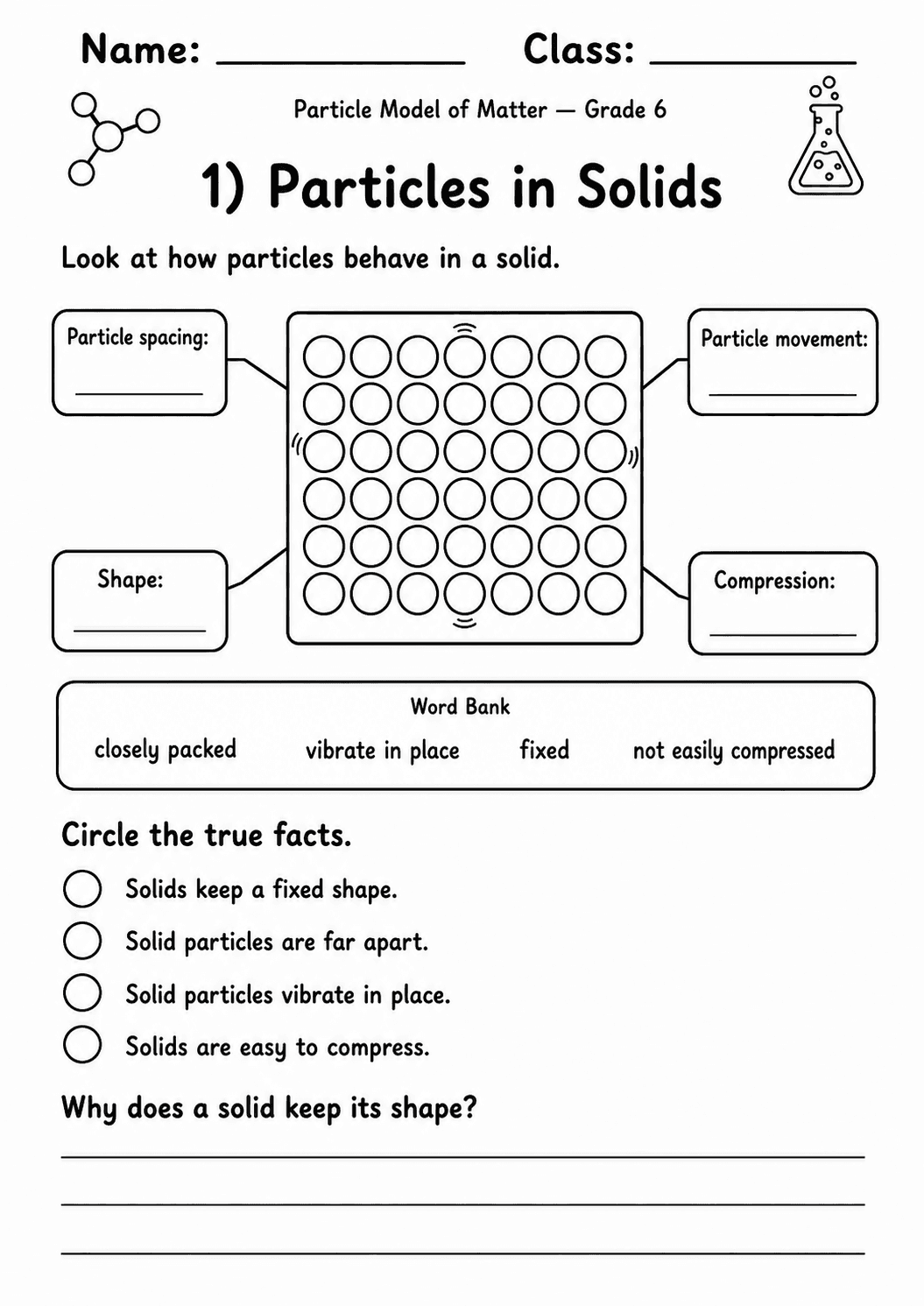 Particle Model of Matter Pack | 10 Worksheets | Grade 6 first worksheet page
