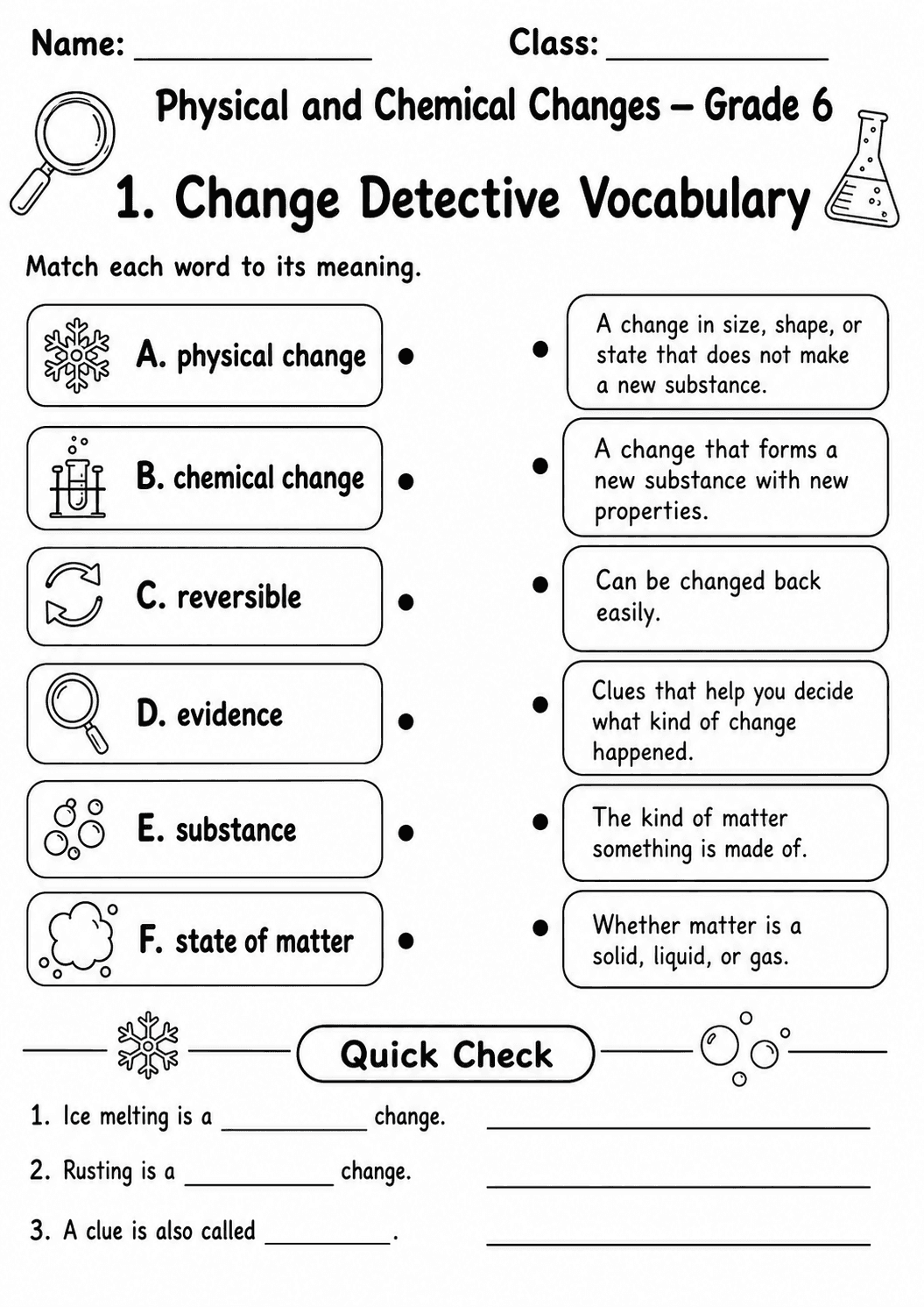 Physical and Chemical Changes Pack | 10 Worksheets | Grade 6 first worksheet page