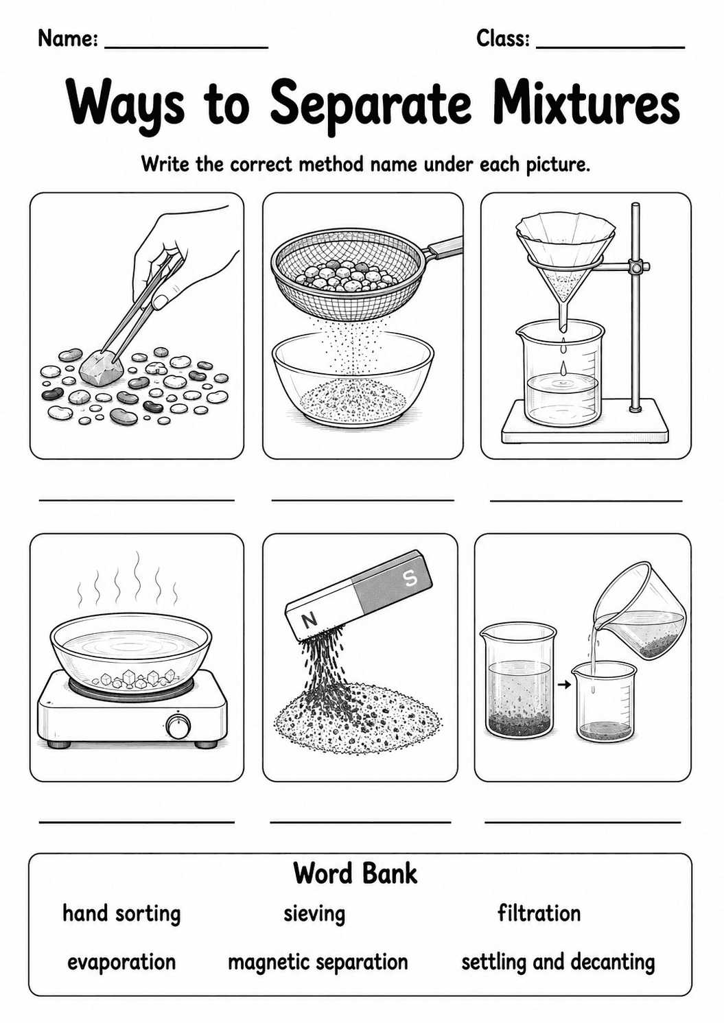 Separating Mixtures Pack | 10 Worksheets | Grade 6 Chemistry first worksheet page