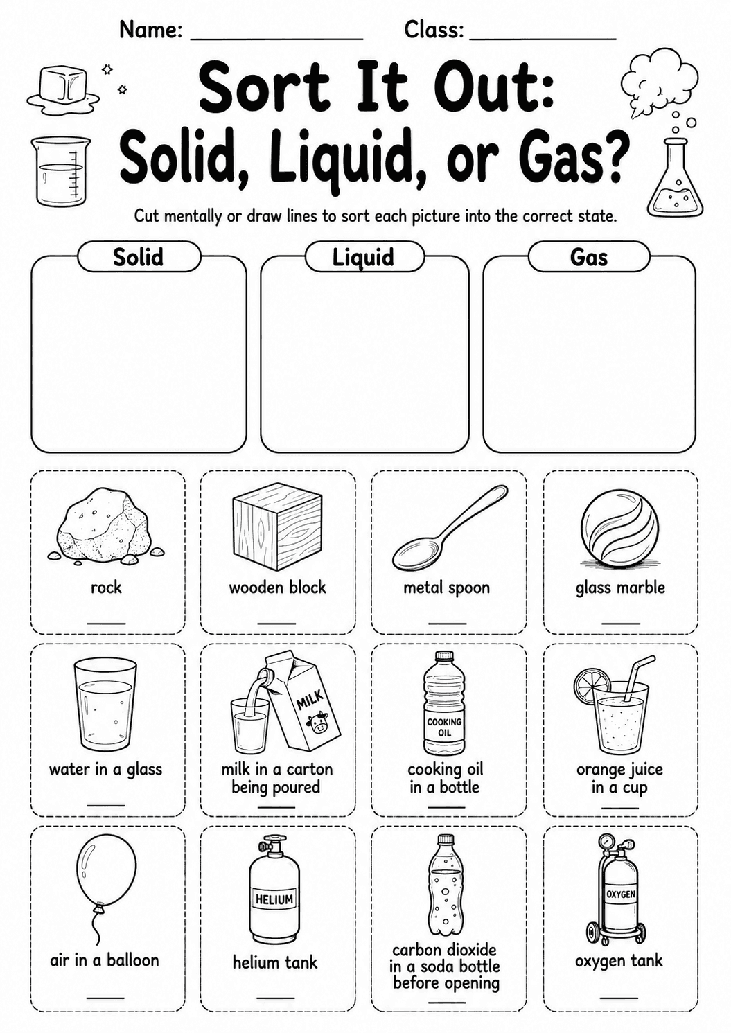 States of Matter Pack | 10 Worksheets | Grade 6 Chemistry first worksheet page