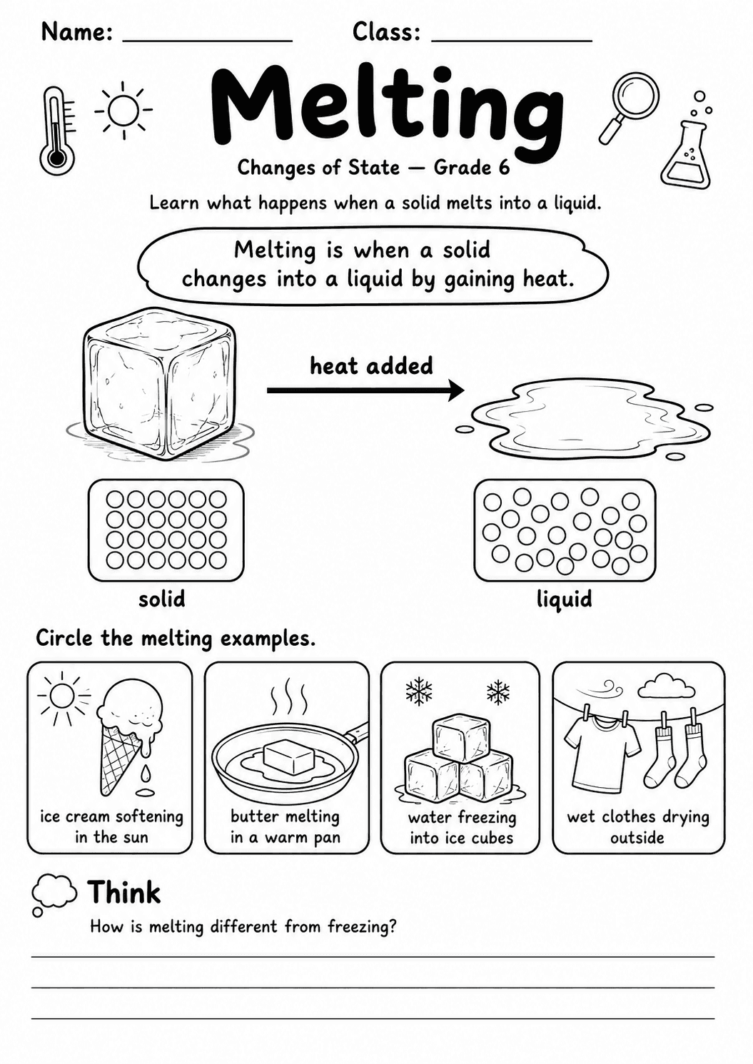 Changes of State Pack | 10 Worksheets | Grade 6 Chemistry first worksheet page