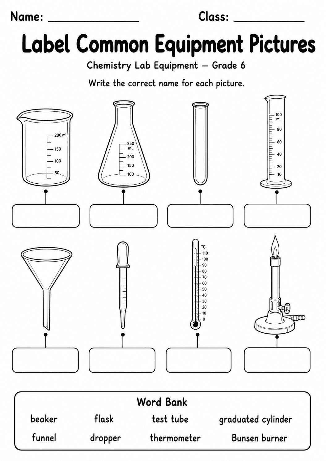 Chemistry Lab Equipment Pack | 10 Worksheets | Grade 6 first worksheet page