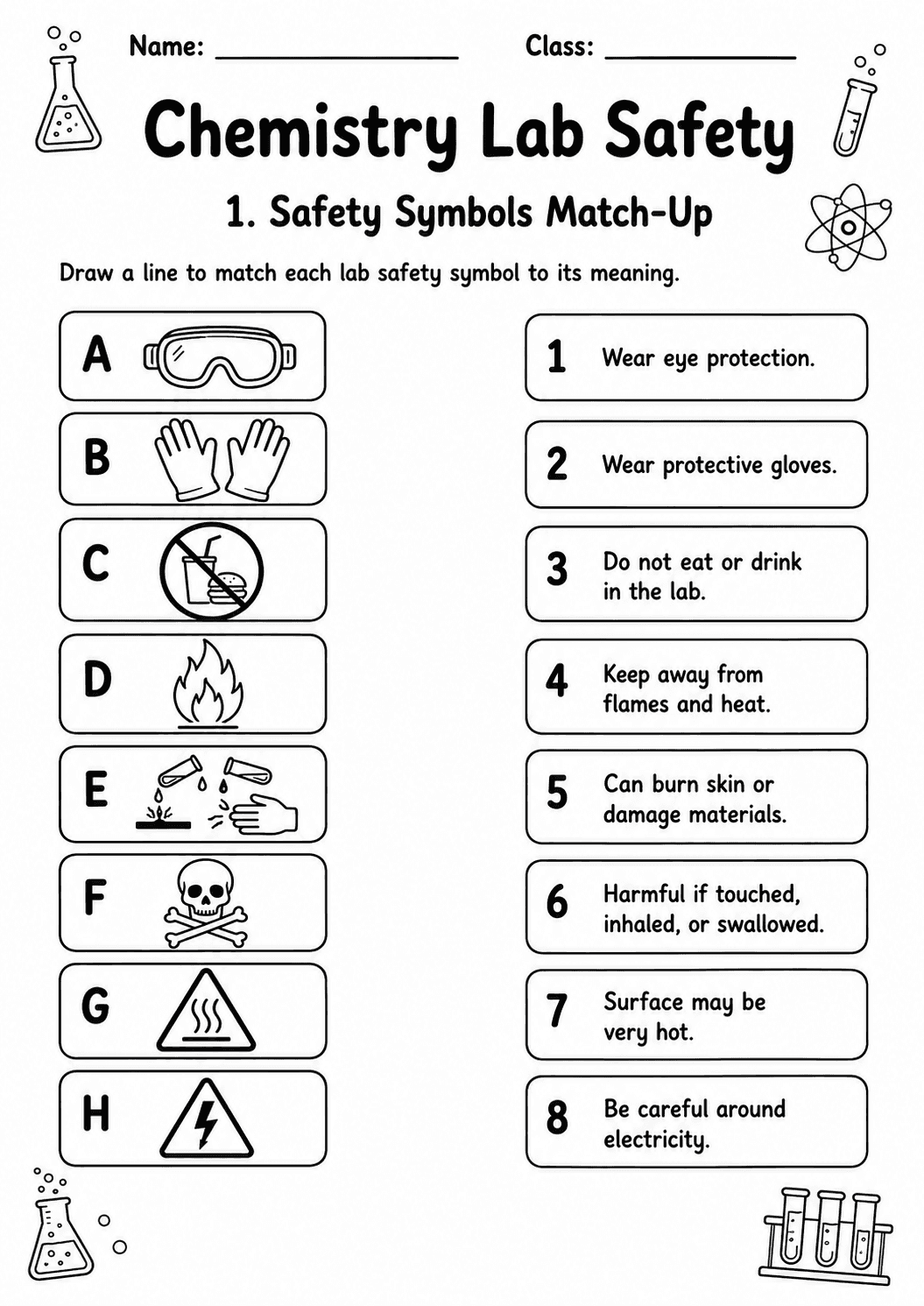 Chemistry Lab Safety Pack | 10 Worksheets | Grade 6 first worksheet page
