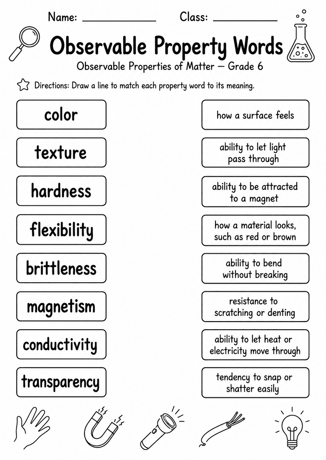 Observable Properties of Matter Pack | 10 Worksheets | Grade 6 first worksheet page
