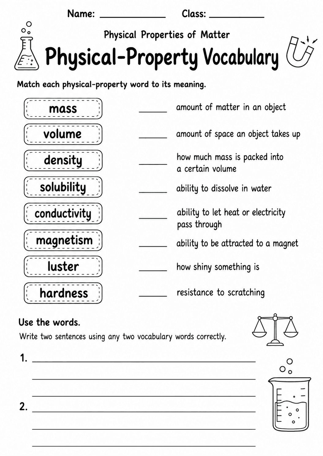 Physical Properties of Matter Pack | 10 Worksheets | Grade 6 first worksheet page