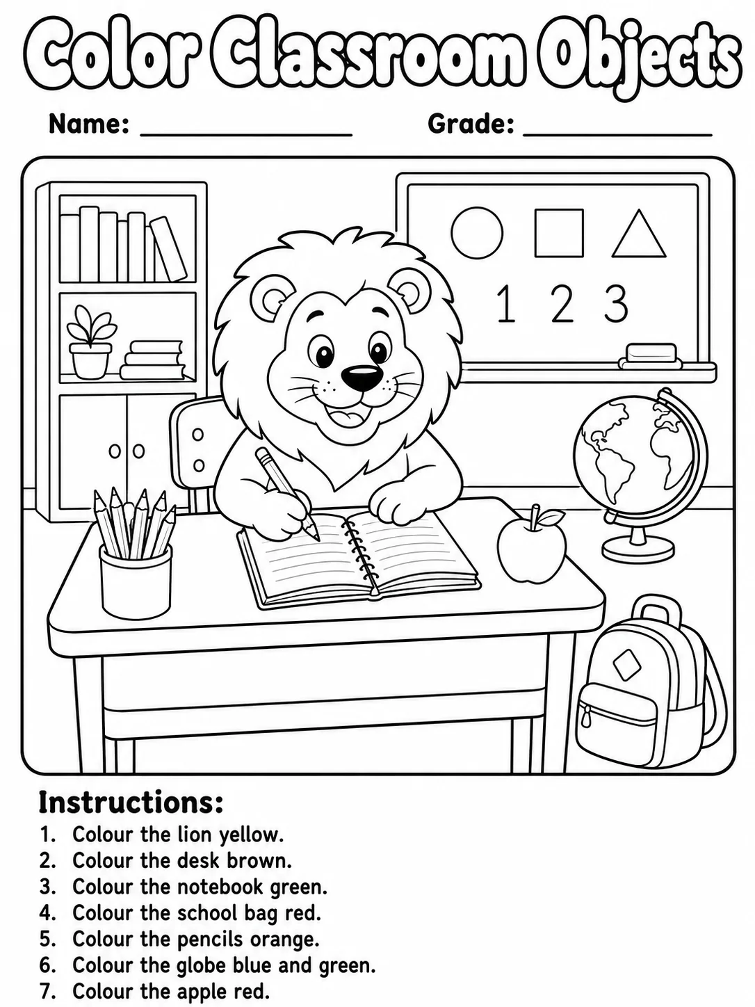Classroom Objects Coloring Page preview from the places and objects coloring pages pack