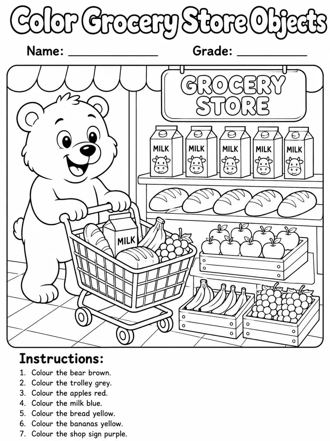Grocery Store Objects Coloring Page preview from the places and objects coloring pages pack