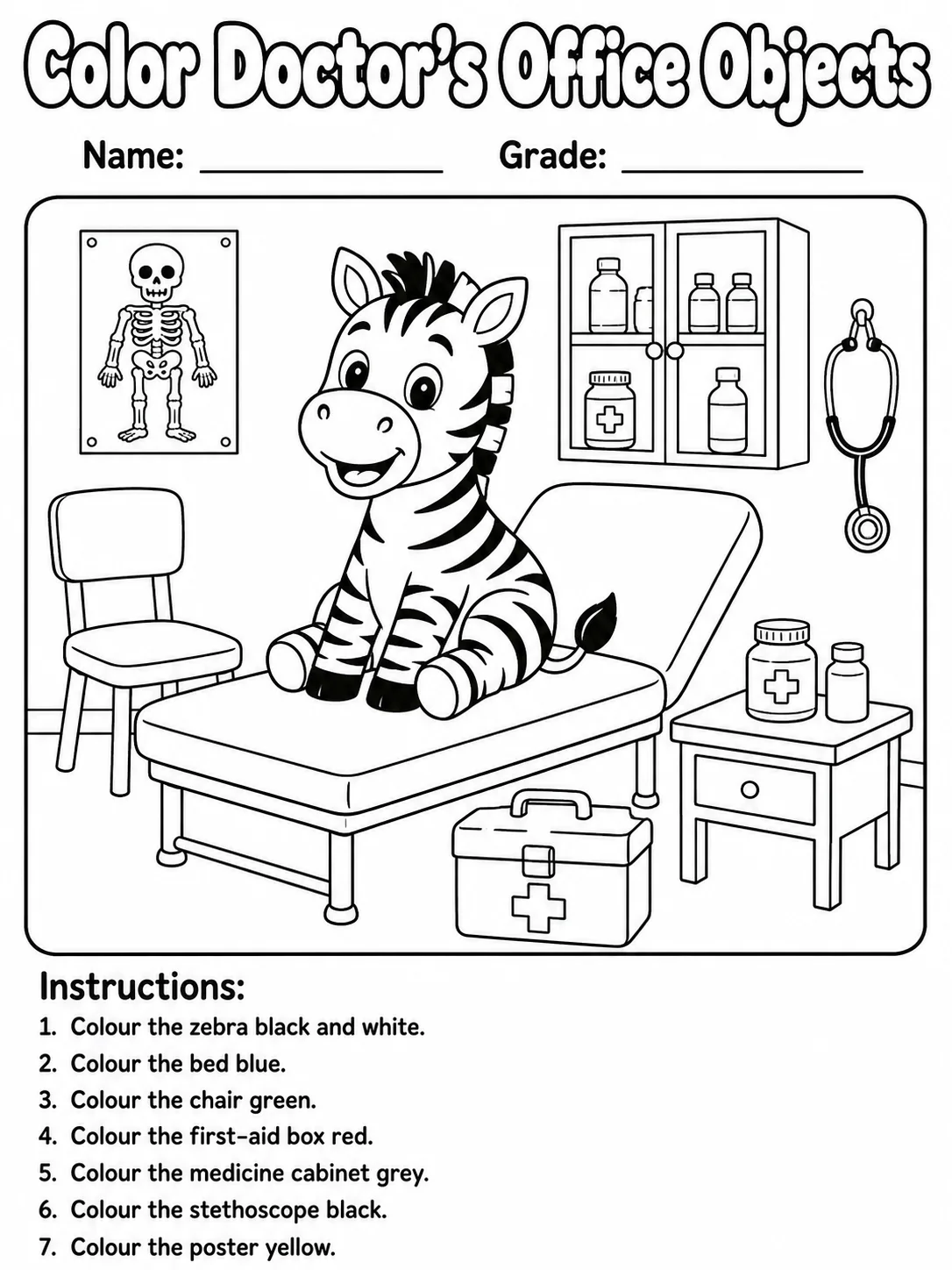 Doctor's Office Objects Coloring Page preview from the places and objects coloring pages pack