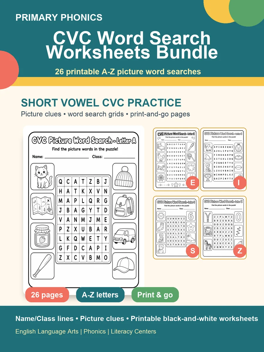 CVC Word Search Worksheets Pack printable cover
