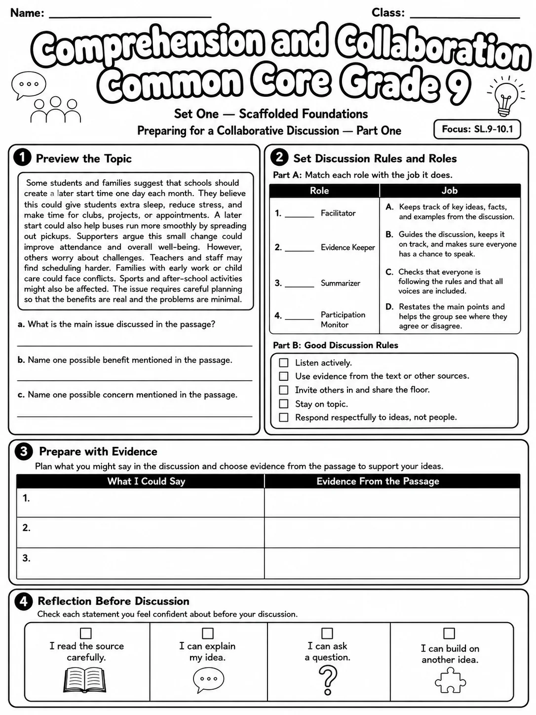 Comprehension and Collaboration Common Core Grade 9