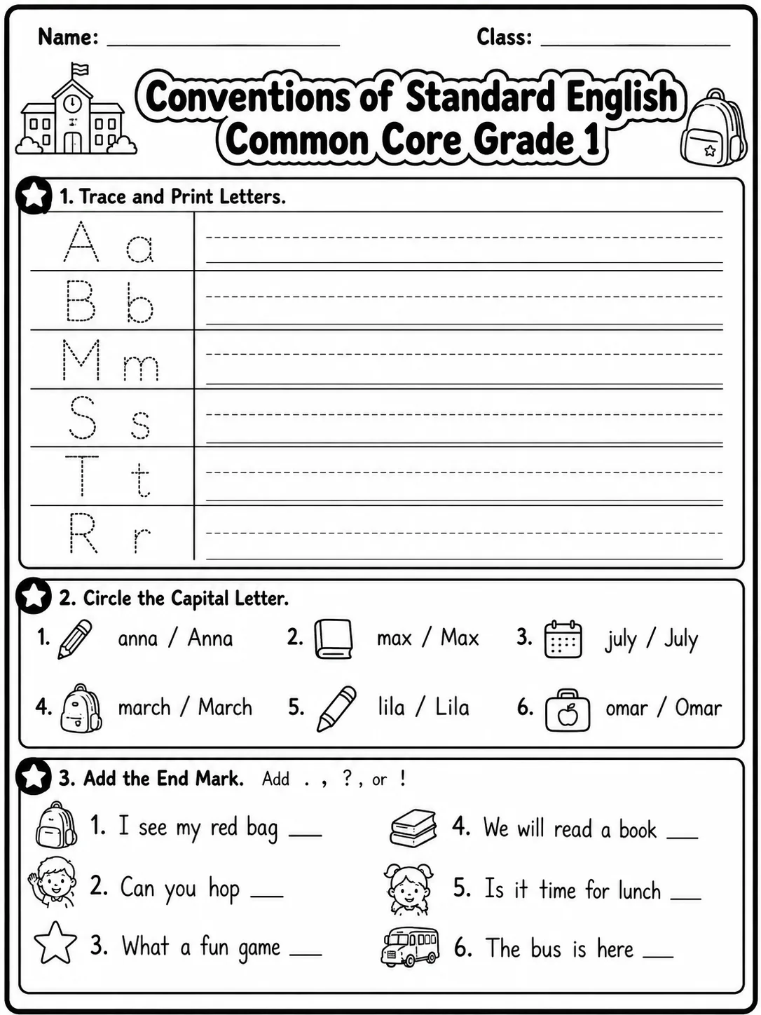 Conventions of Standard English Common Core Grade 1 printable Common Core ELA Grade 1 worksheet preview from KiwiBee