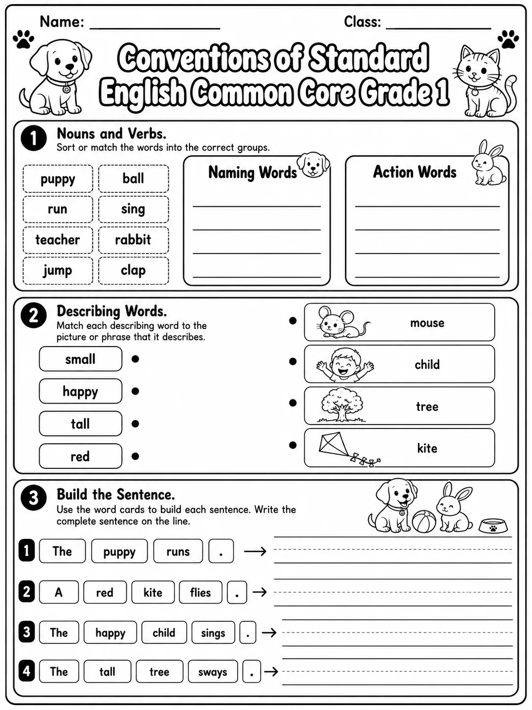 Conventions of Standard English Common Core Grade 1 page 2 printable Common Core ELA worksheet preview