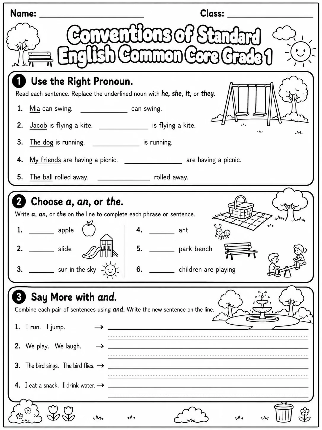 Conventions of Standard English Common Core Grade 1 page 3 printable Common Core ELA worksheet preview