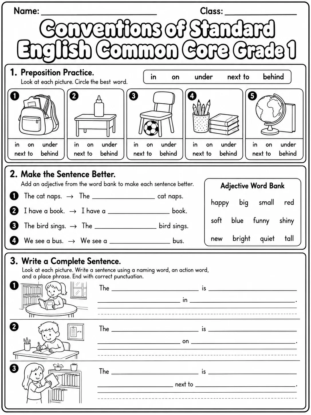 Conventions of Standard English Common Core Grade 1 page 4 printable Common Core ELA worksheet preview