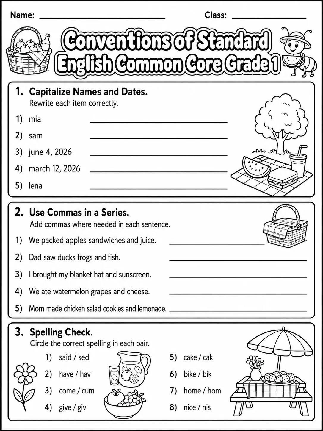 Conventions of Standard English Common Core Grade 1 page 5 printable Common Core ELA worksheet preview