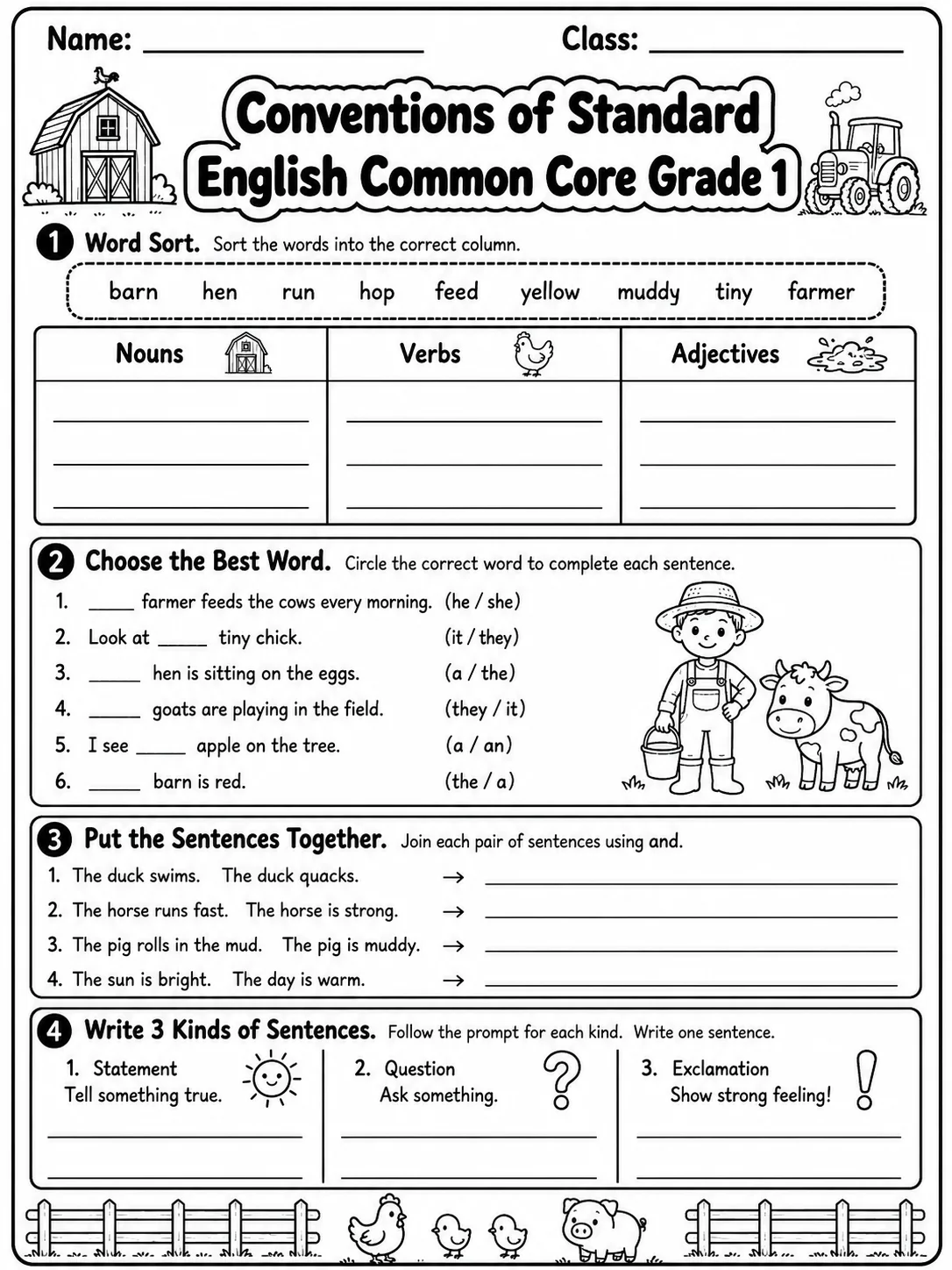 Conventions of Standard English Common Core Grade 1 page 6 printable Common Core ELA worksheet preview