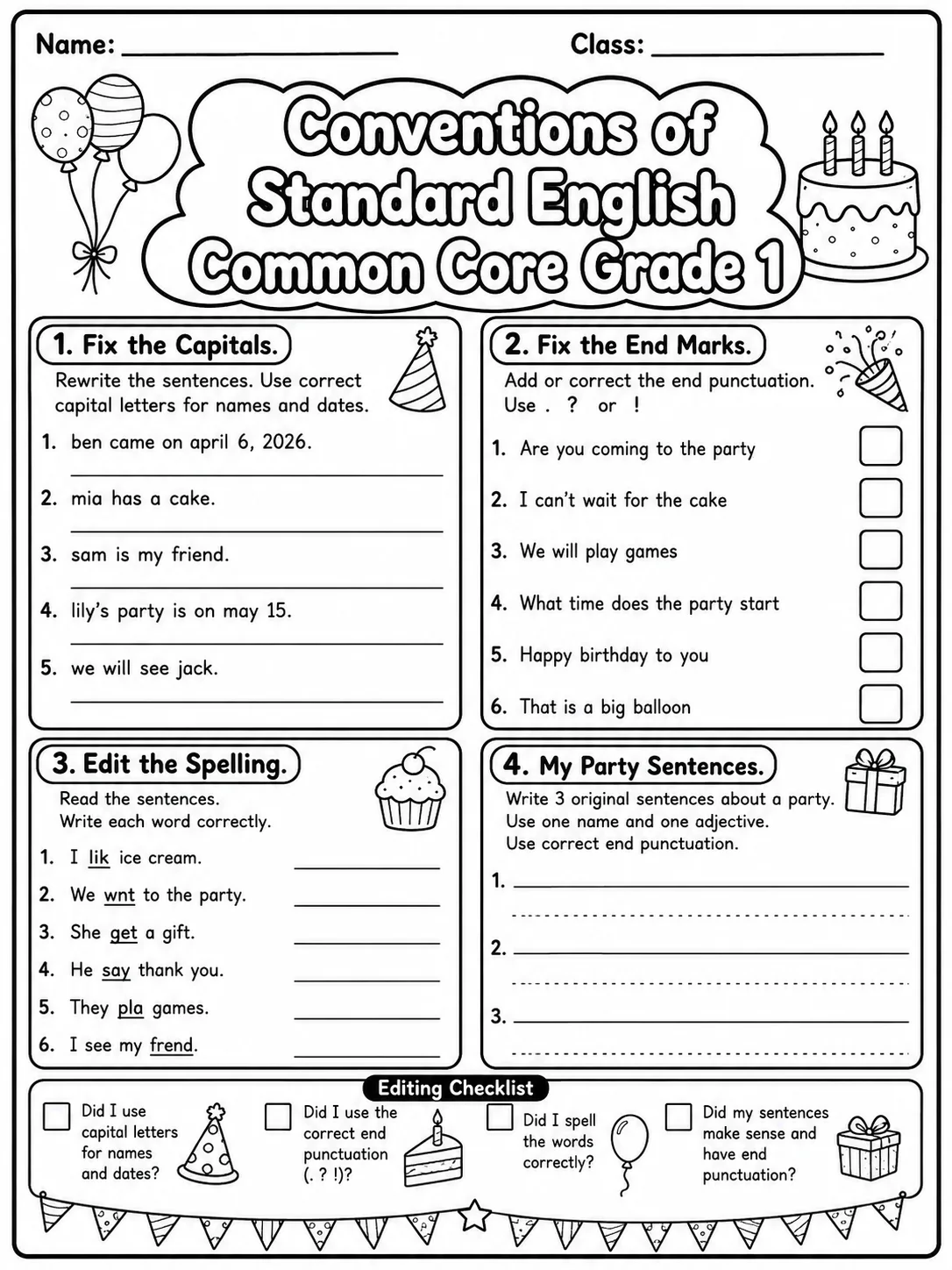 Conventions of Standard English Common Core Grade 1 page 7 printable Common Core ELA worksheet preview