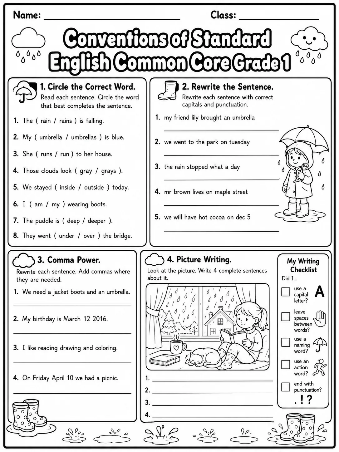Conventions of Standard English Common Core Grade 1 page 8 printable Common Core ELA worksheet preview
