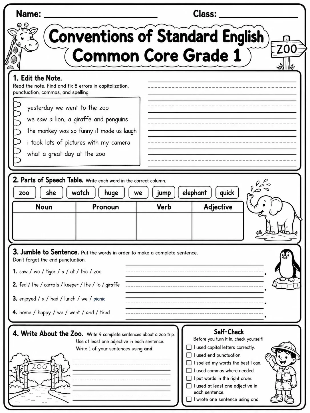 Conventions of Standard English Common Core Grade 1 page 9 printable Common Core ELA worksheet preview
