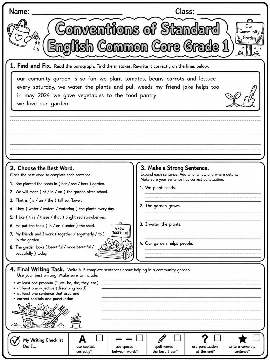 Conventions of Standard English Common Core Grade 1 page 10 printable Common Core ELA worksheet preview
