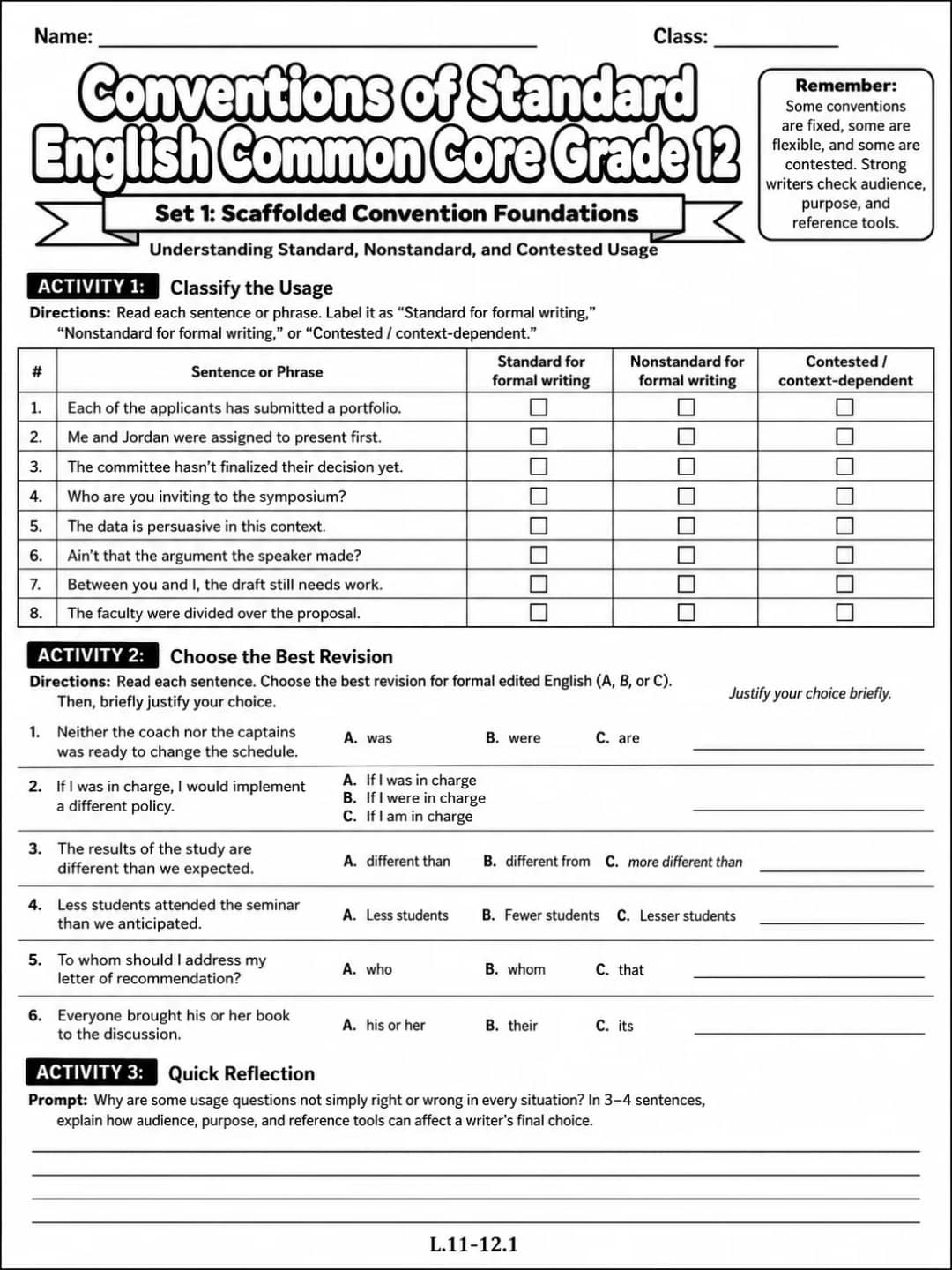 Conventions of Standard English Common Core Grade 1 printable Common Core ELA Grade 1 worksheet preview from KiwiBee