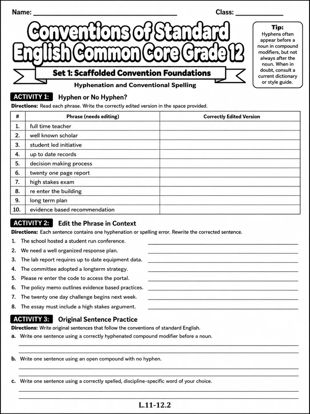 Conventions of Standard English Common Core Grade 1 page 2 printable Common Core ELA worksheet preview
