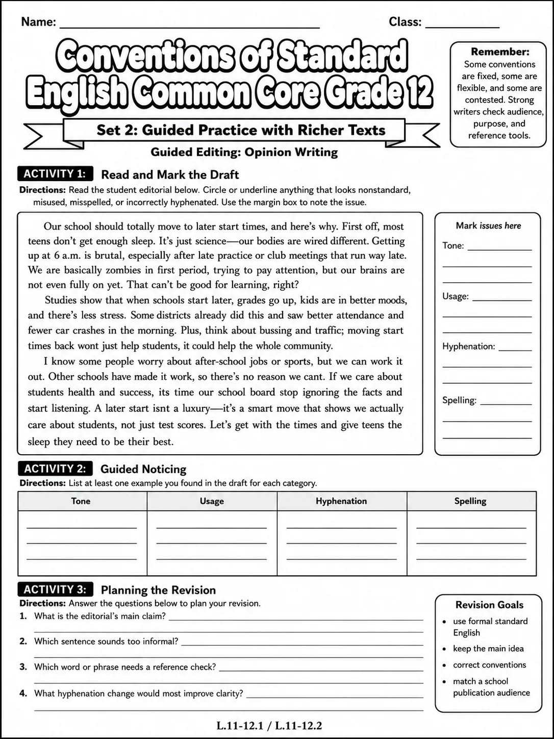 Conventions of Standard English Common Core Grade 1 page 4 printable Common Core ELA worksheet preview