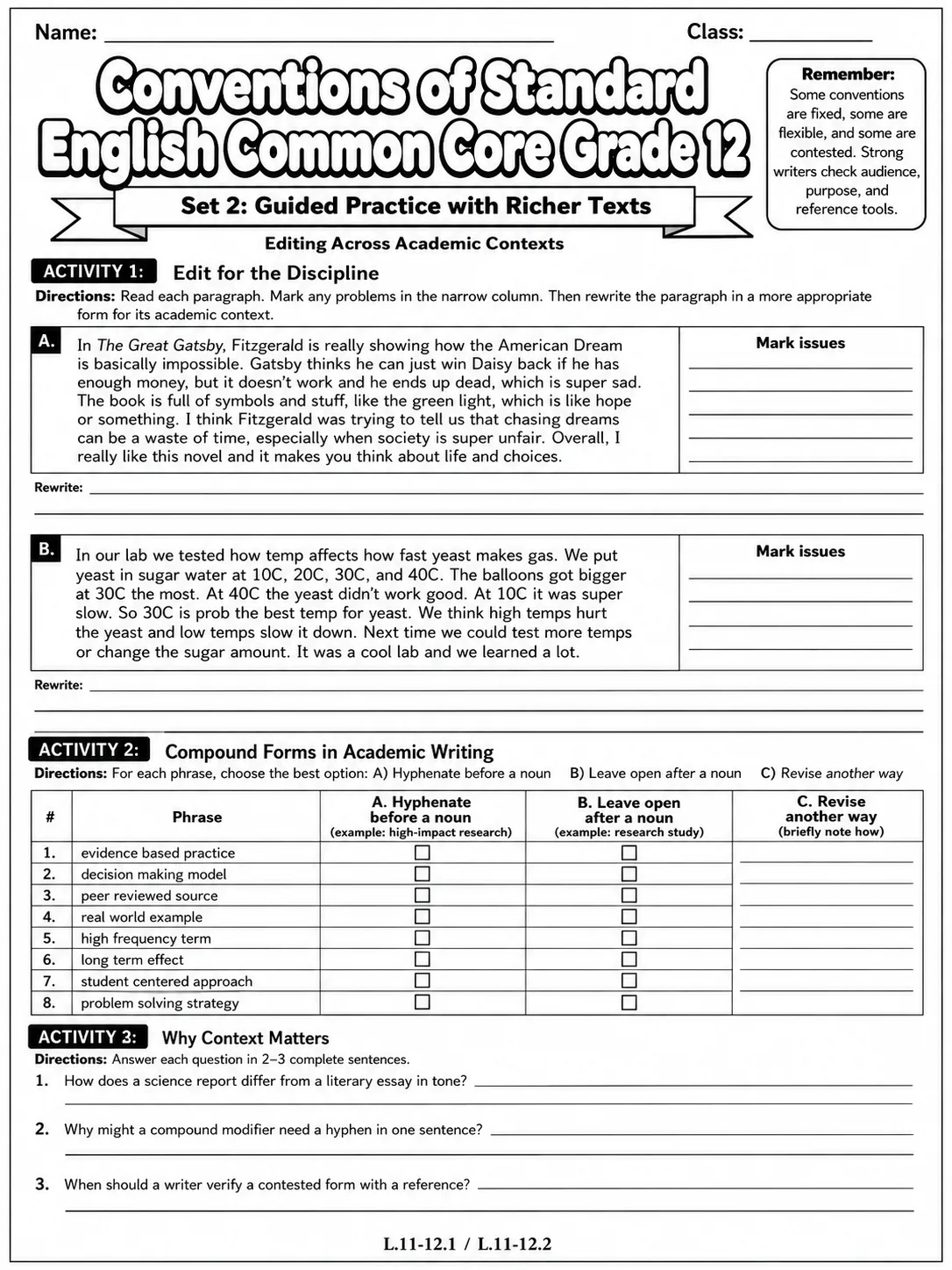 Conventions of Standard English Common Core Grade 1 page 6 printable Common Core ELA worksheet preview