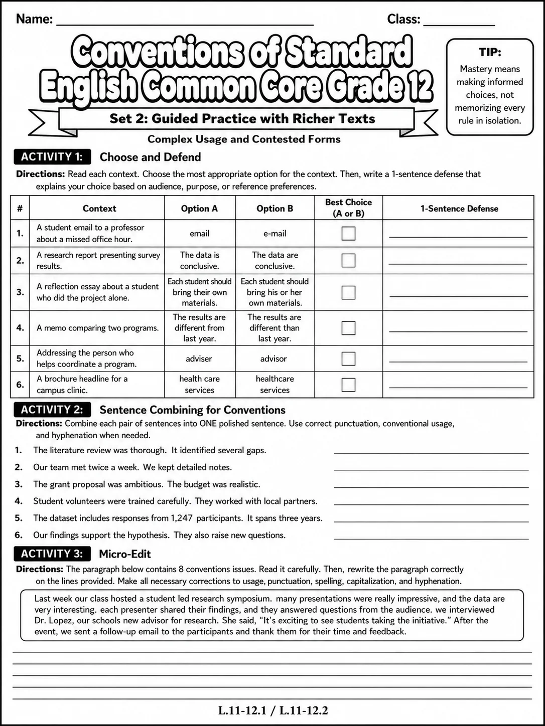 Conventions of Standard English Common Core Grade 1 page 7 printable Common Core ELA worksheet preview