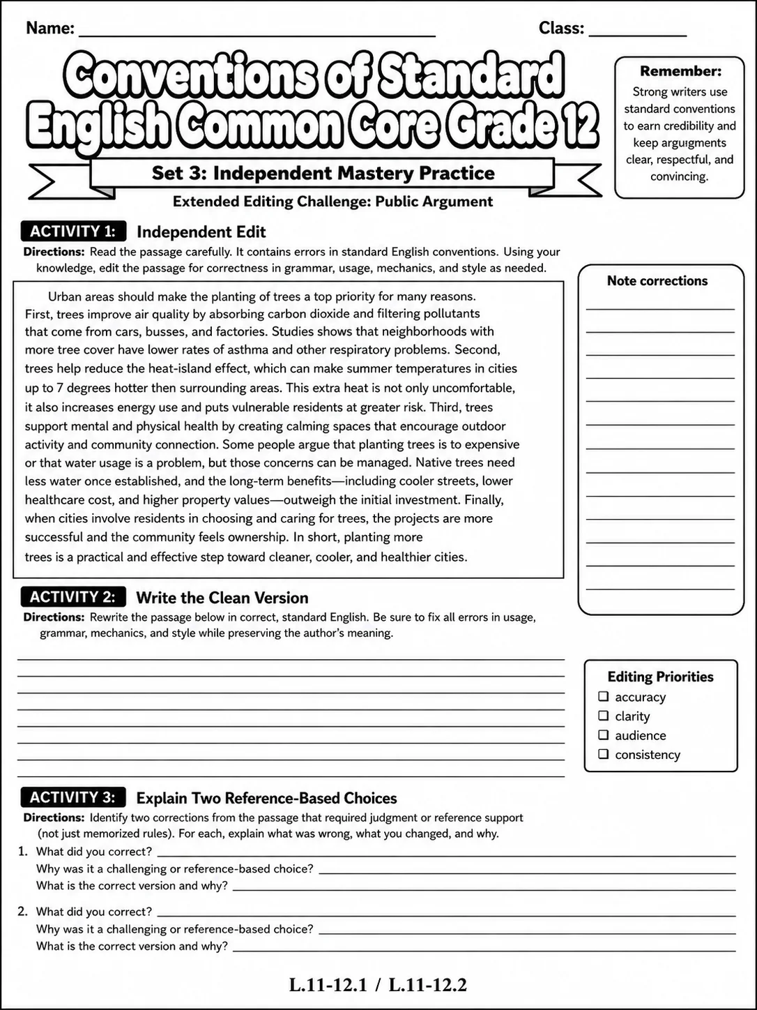 Conventions of Standard English Common Core Grade 1 page 8 printable Common Core ELA worksheet preview