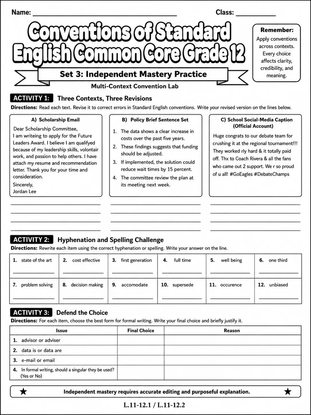 Conventions of Standard English Common Core Grade 1 page 9 printable Common Core ELA worksheet preview