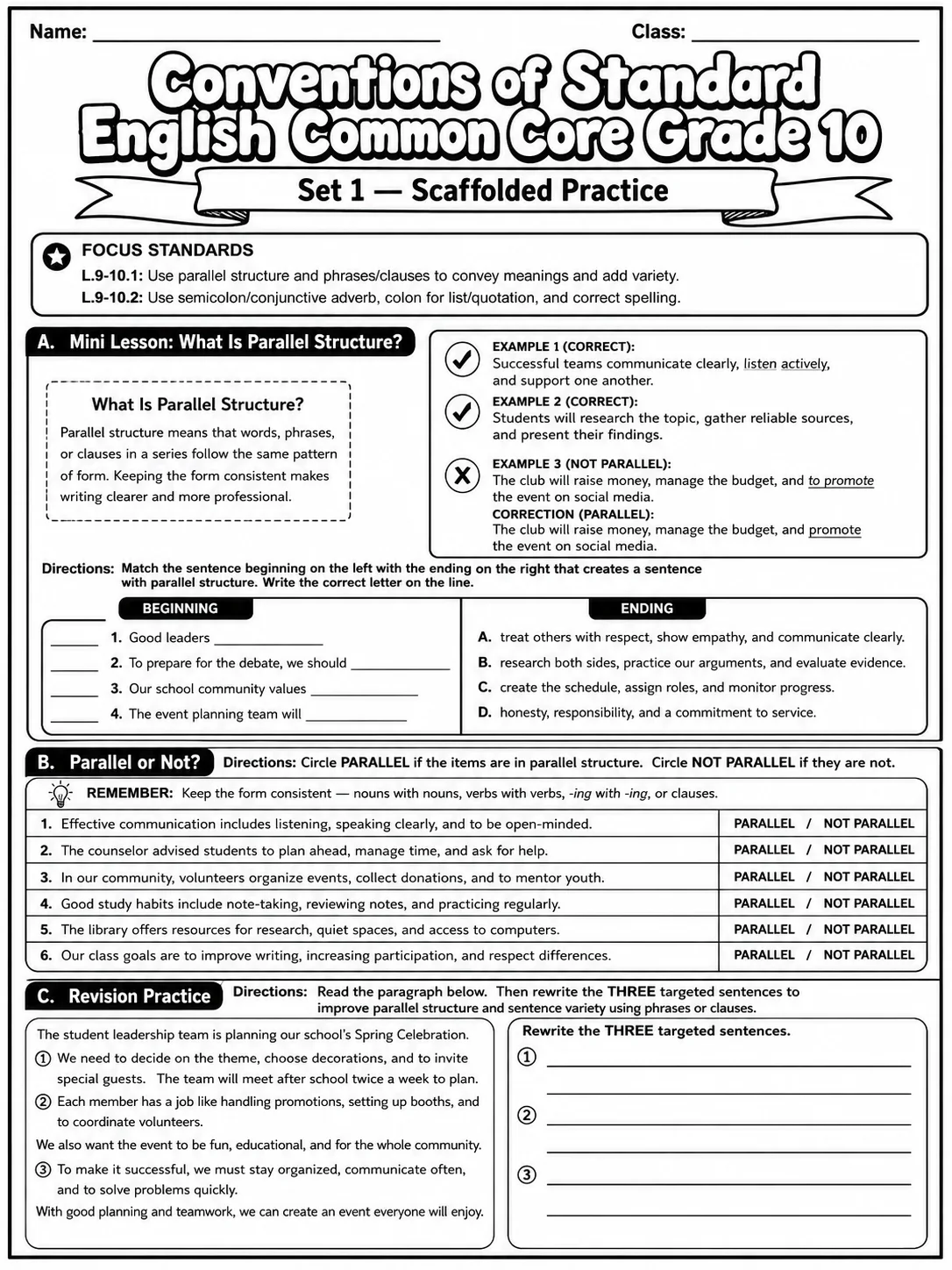Conventions of Standard English Common Core Grade 10