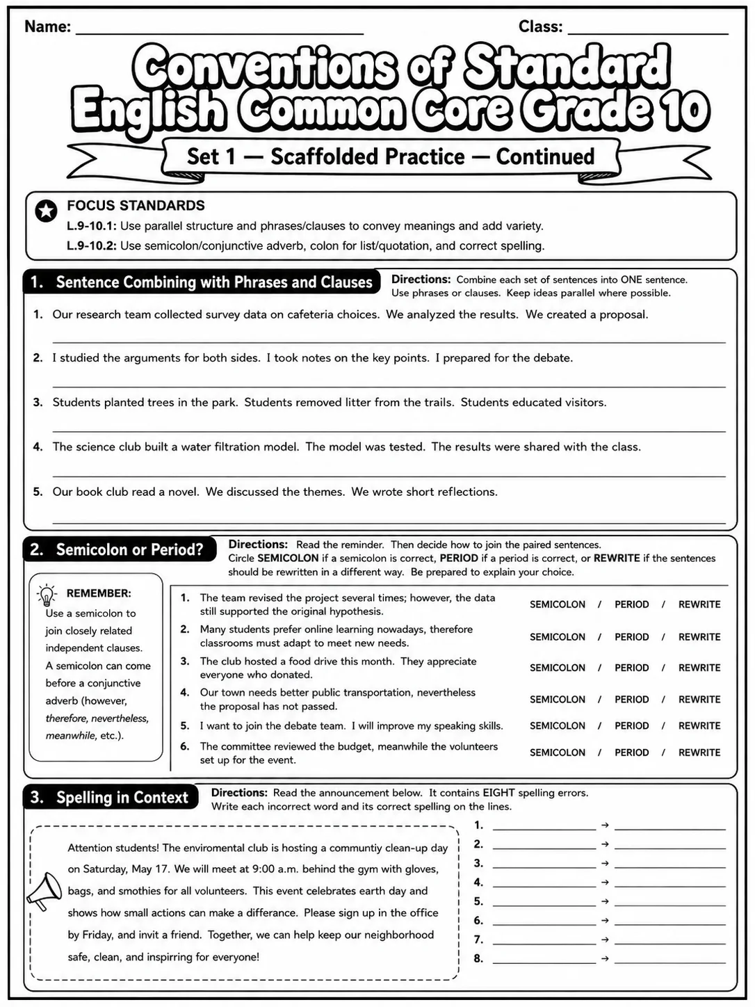 Conventions of Standard English Common Core Grade 10 page 2 printable Common Core ELA worksheet preview
