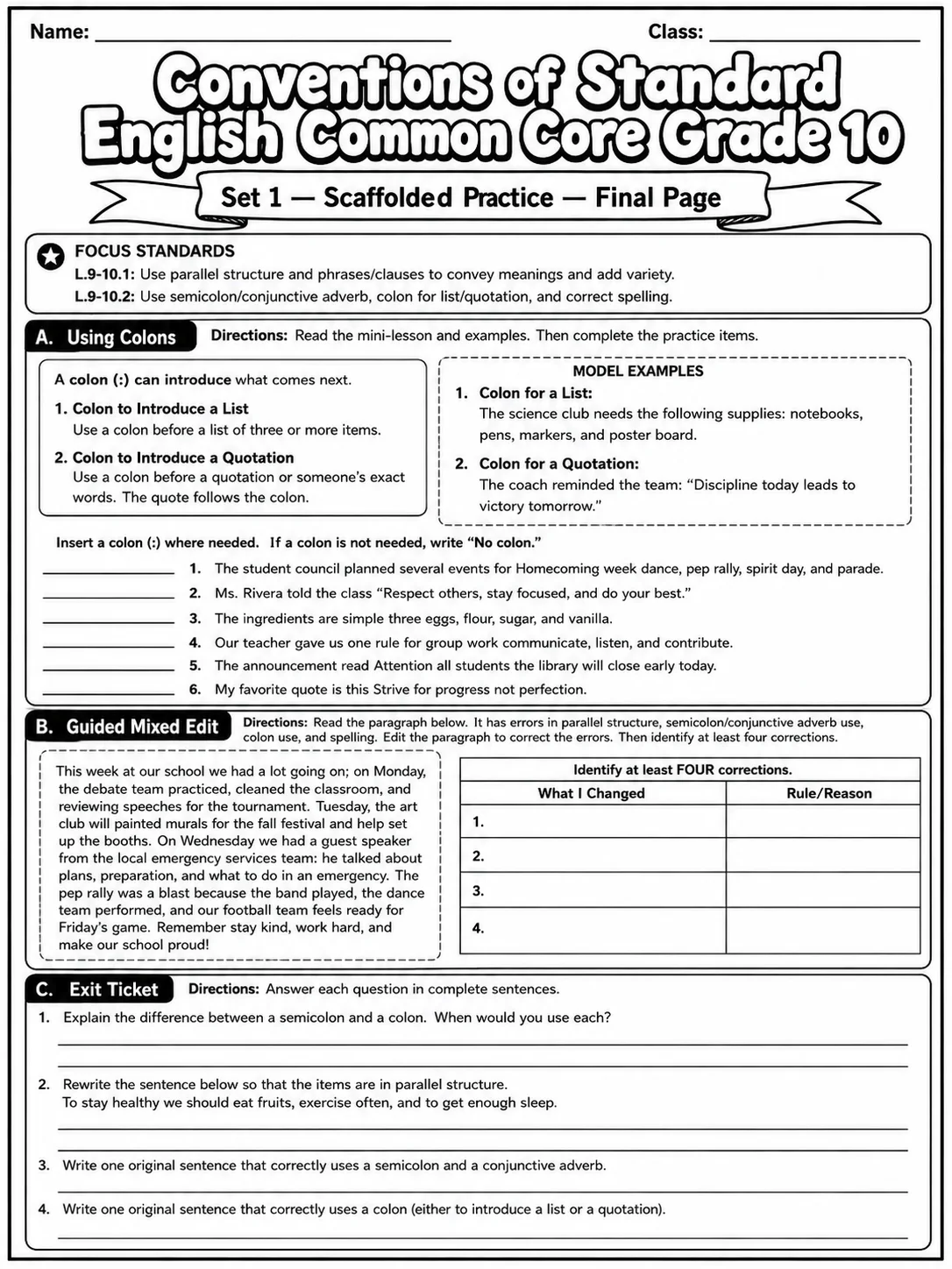 Conventions of Standard English Common Core Grade 10 page 3 printable Common Core ELA worksheet preview