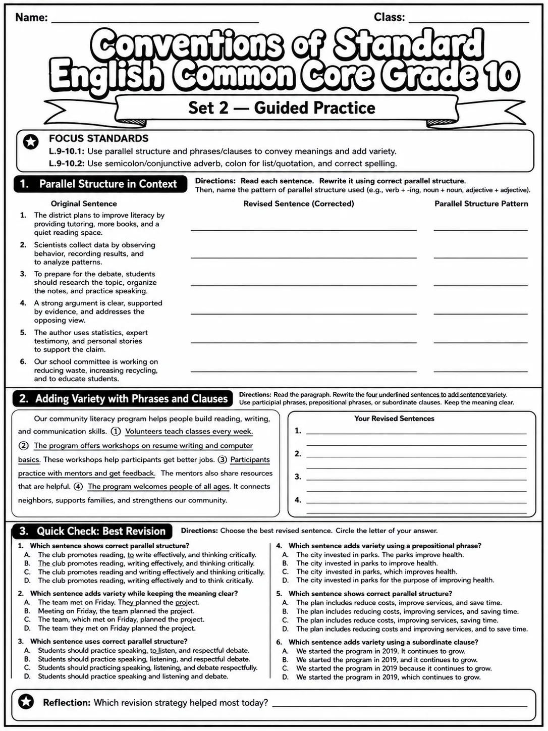 Conventions of Standard English Common Core Grade 10 page 4 printable Common Core ELA worksheet preview