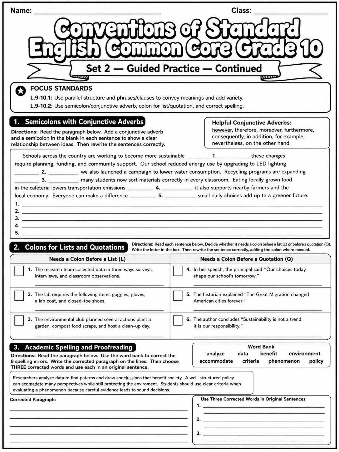 Conventions of Standard English Common Core Grade 10 page 5 printable Common Core ELA worksheet preview