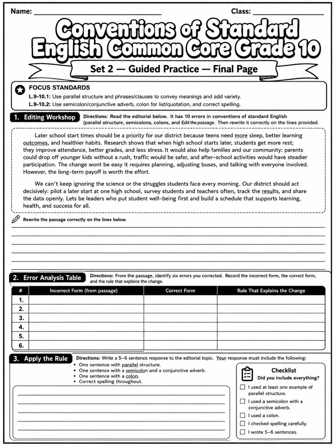 Conventions of Standard English Common Core Grade 10 page 6 printable Common Core ELA worksheet preview