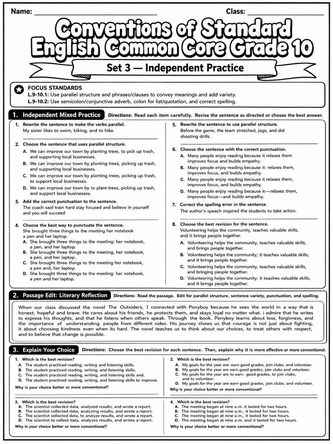 Conventions of Standard English Common Core Grade 10 page 7 printable Common Core ELA worksheet preview