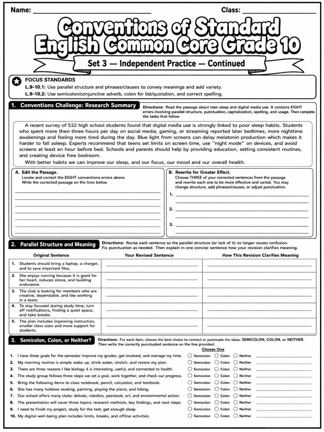 Conventions of Standard English Common Core Grade 10 page 8 printable Common Core ELA worksheet preview