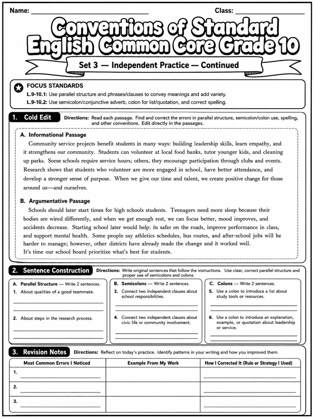 Conventions of Standard English Common Core Grade 10 page 9 printable Common Core ELA worksheet preview