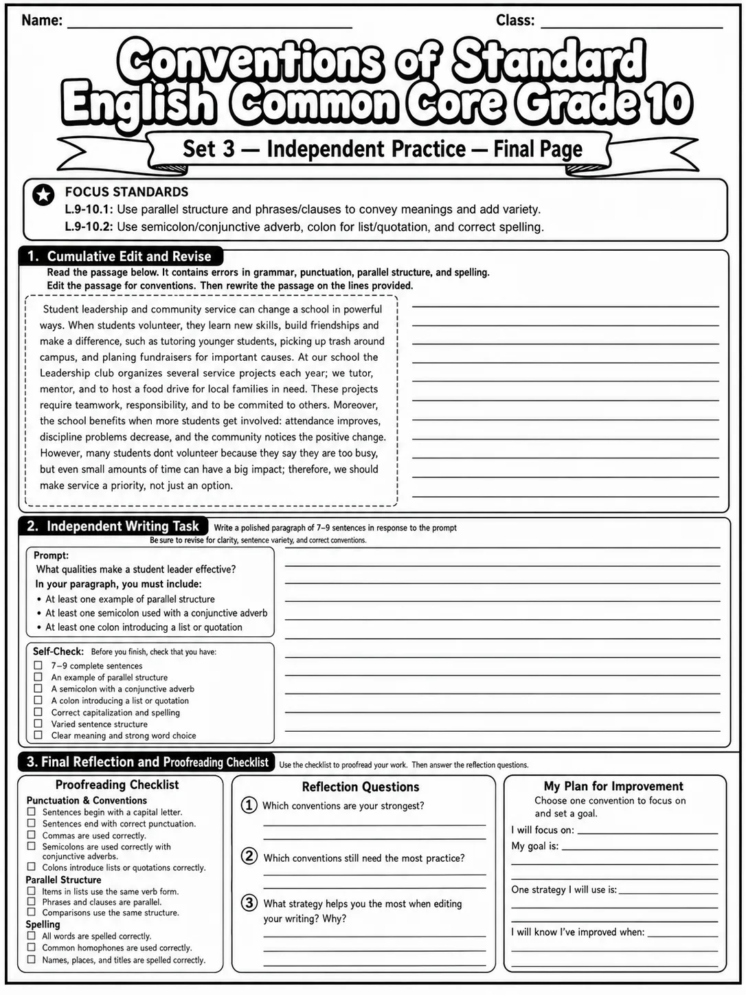 Conventions of Standard English Common Core Grade 10 page 10 printable Common Core ELA worksheet preview