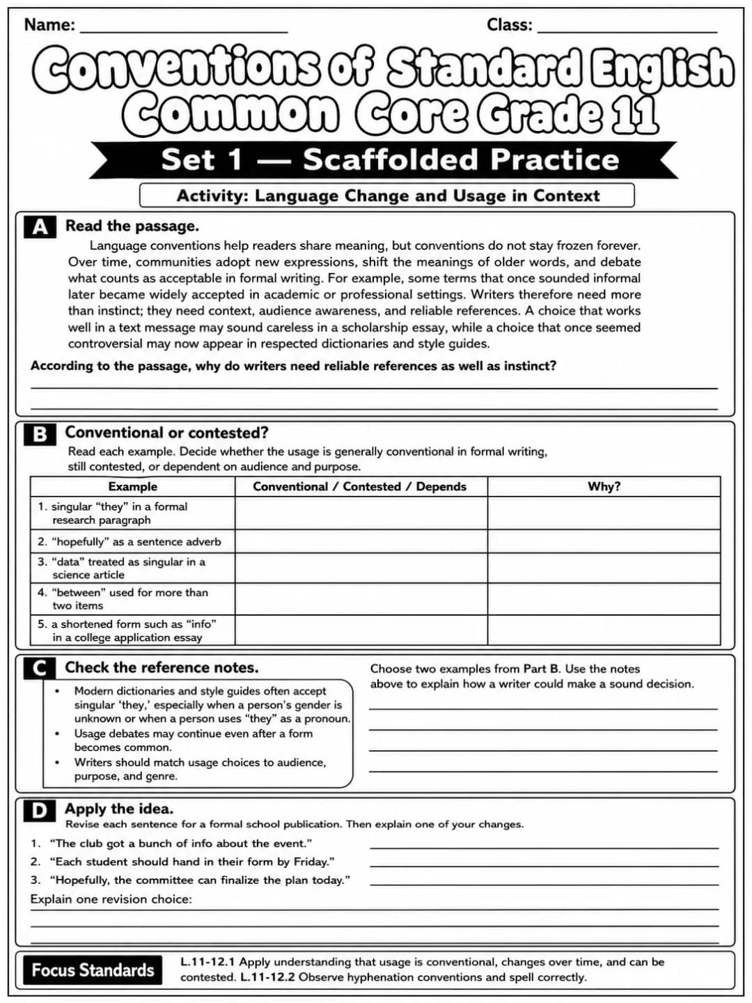 Conventions of Standard English Common Core Grade 11 printable Common Core ELA Grade 11 worksheet preview from KiwiBee